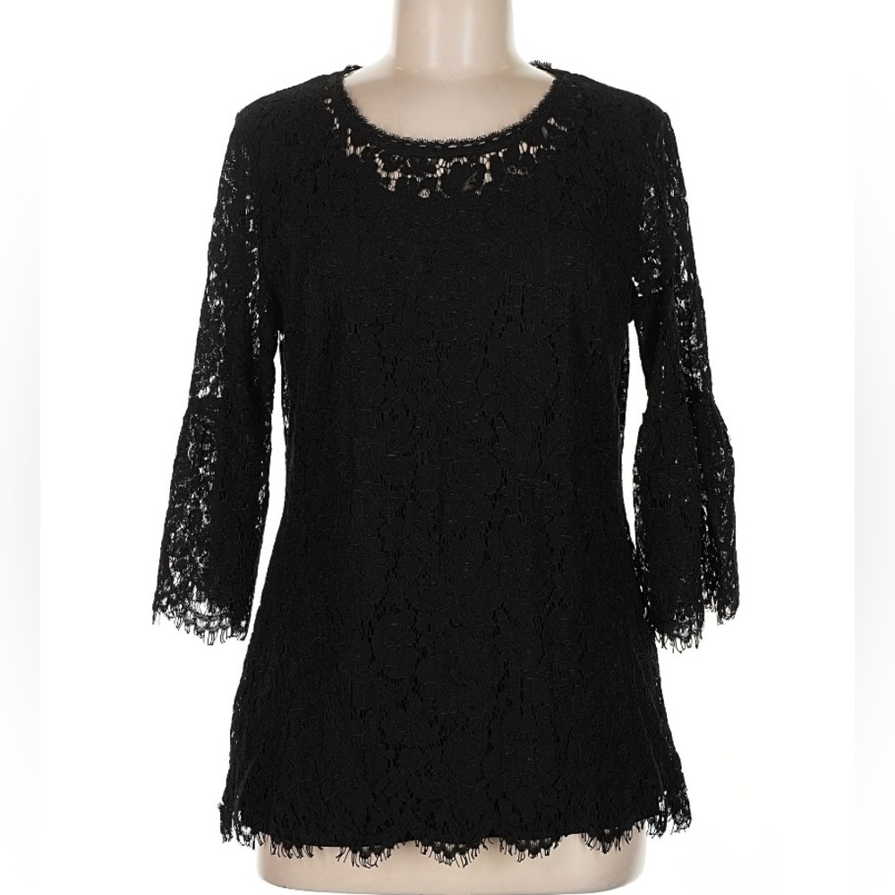 Isaac Mizrahi Black Lace Bell Sleeve Top -Perfect for Any Occasion